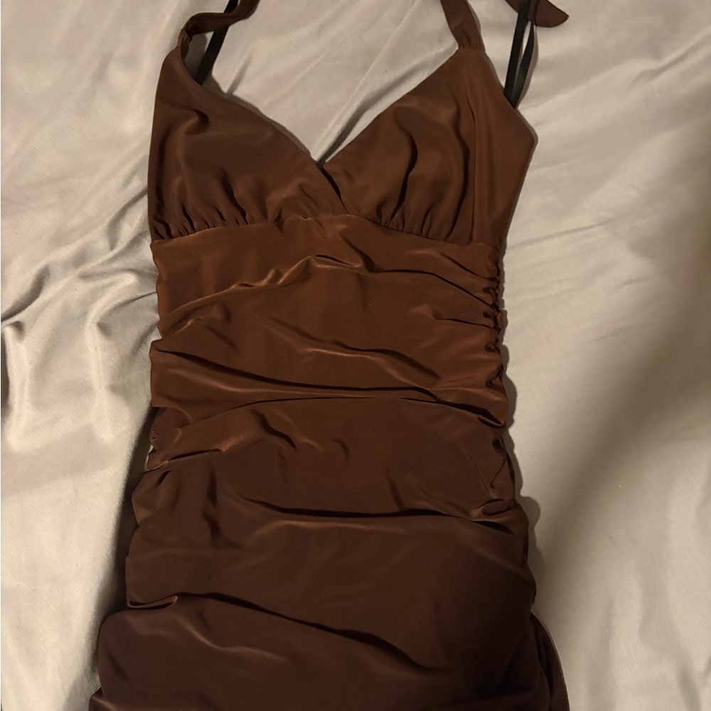 Windsor Brown Ruched V-Neck Mini Dress